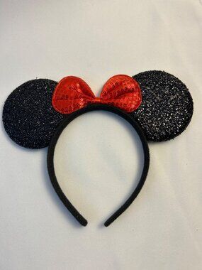 Minnie Mouse Glittery Black Ears Headband w Red Sequin Bow *NEW*